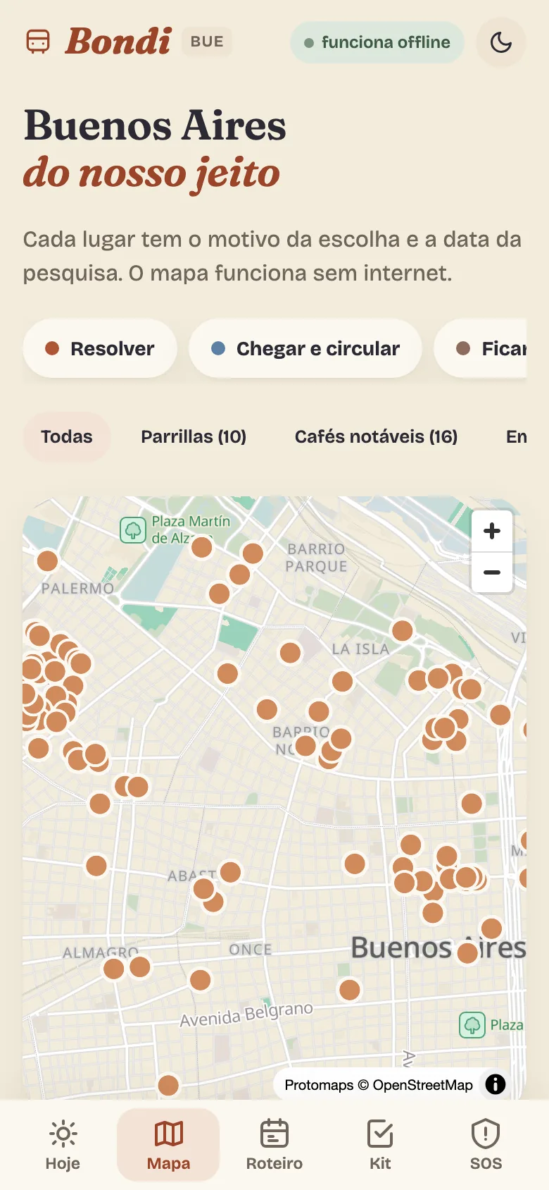 Mapa offline de Buenos Aires com os lugares marcados