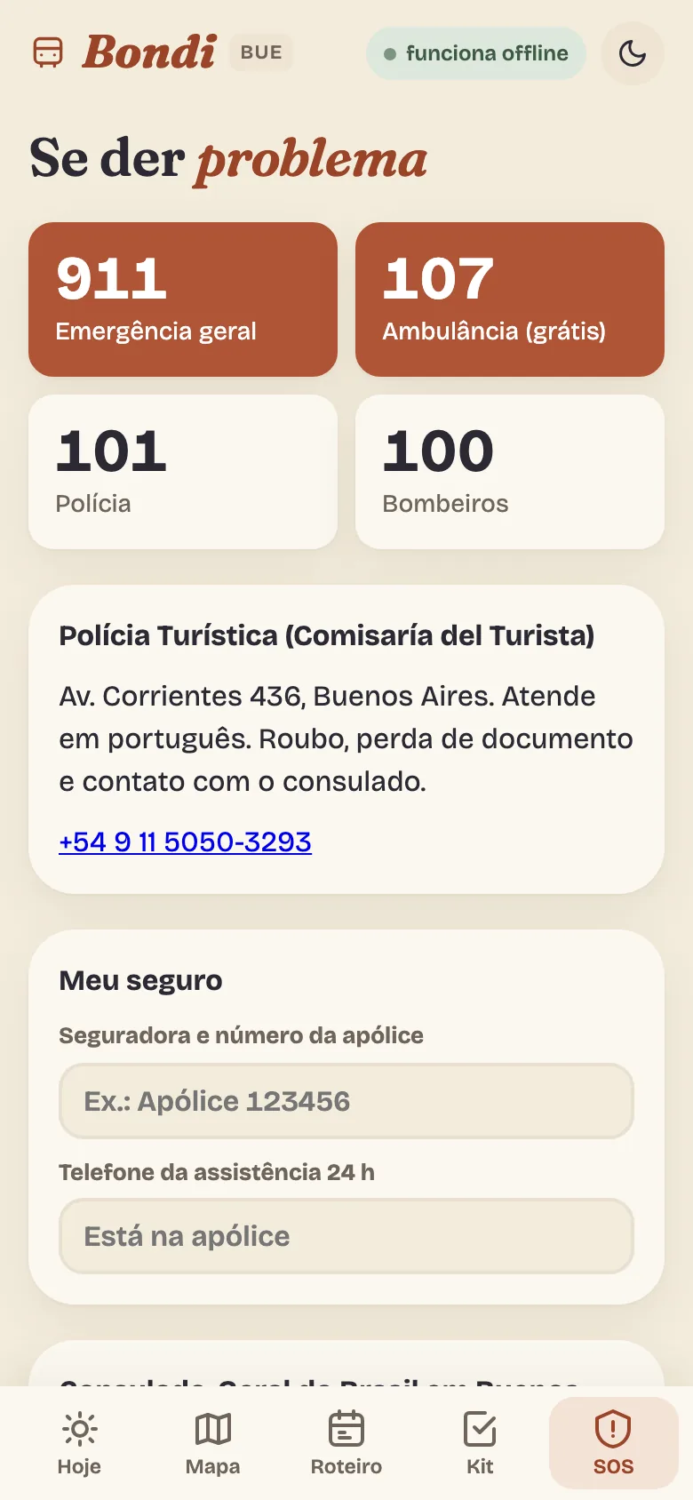 Tela SOS com números de emergência
